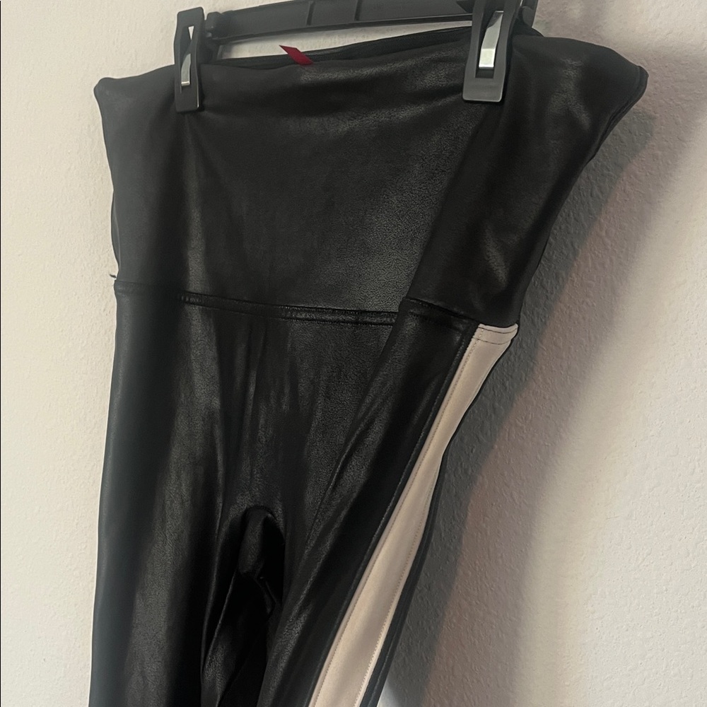 SPANX Black Faux Leather Leggings with White Stripe - Picture 3 of 5